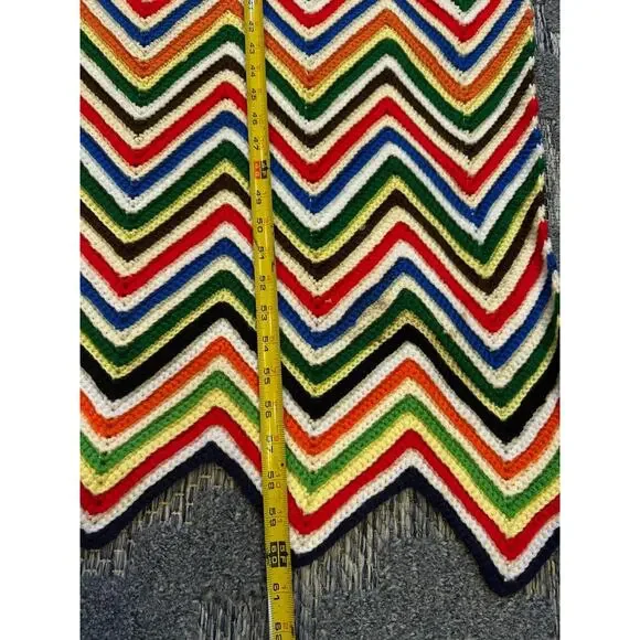 Vintage Crochet Throw Blanket Rainbow Chevron Boho Cottage Handmade Grandma 60”L - Picture 2 of 4